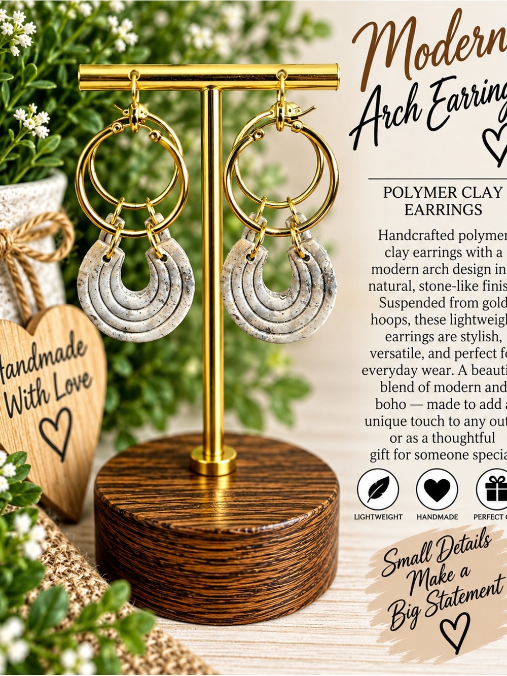 Handmade Modern Arch Hoop Earrings in Speckled Cream & Gold